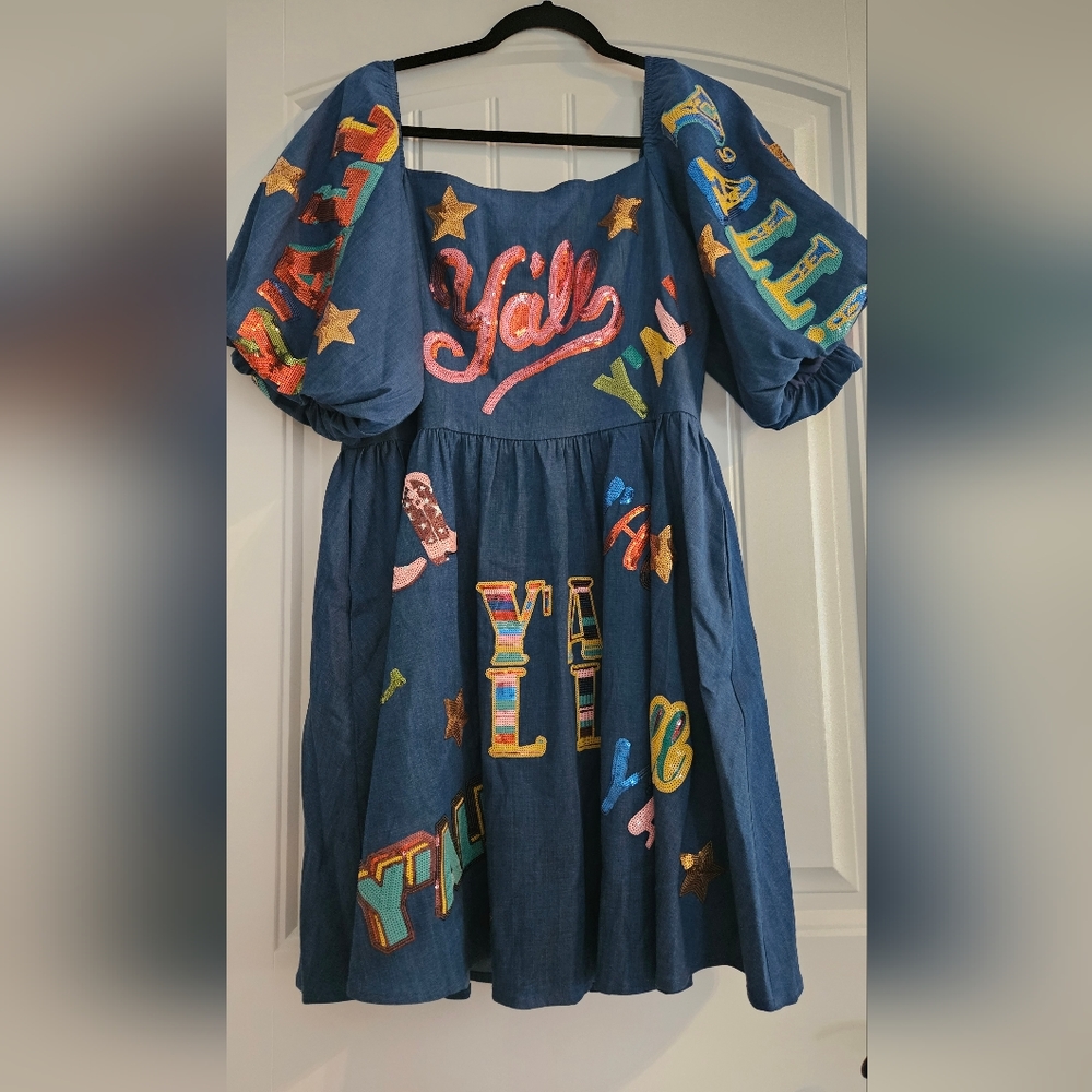 QOS Y'all Western Denim dress